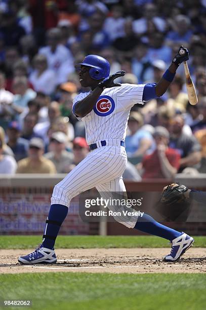 Alfonso Soriano of the Chicago Cubs bats during the game against the Milwaukee Brewers on April 14, 2010 at Wrigley Field in Chicago, Illinois. The...