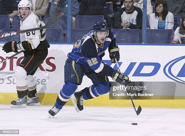 Brad Boyes of the St. Louis Blues skates against the Anaheim Ducks on April 9, 2010 at Scottrade Center in St. Louis, Missouri.