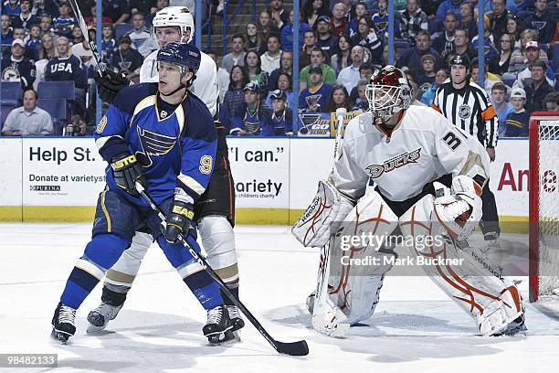 Paul Kariya of the St. Louis Blues skates in front of Curtis McElhinney of the Anaheim Ducks on April 9, 2010 at Scottrade Center in St. Louis,...