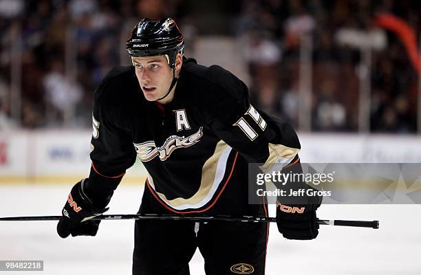 Ryan Getzlaf of the Anaheim Ducks waits to face off against the Colorado Avalanche at the Honda Center on March 3, 2010 in Anaheim, California. The...