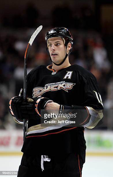 Ryan Getzlaf of the Anaheim Ducks waits to face off against the Colorado Avalanche at the Honda Center on March 3, 2010 in Anaheim, California. The...