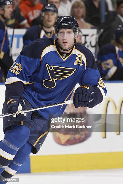 David Backes of the St. Louis Blues skates against the Anaheim Ducks on April 9, 2010 at Scottrade Center in St. Louis, Missouri.