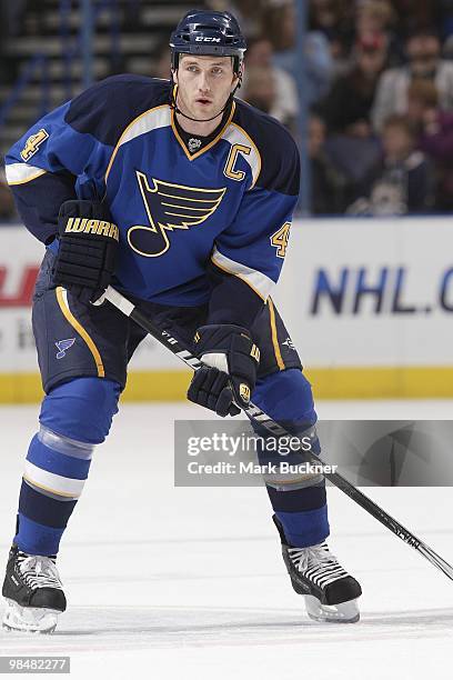 Eric Brewer of the St. Louis Blues skates against the Anaheim Ducks on April 9, 2010 at Scottrade Center in St. Louis, Missouri.