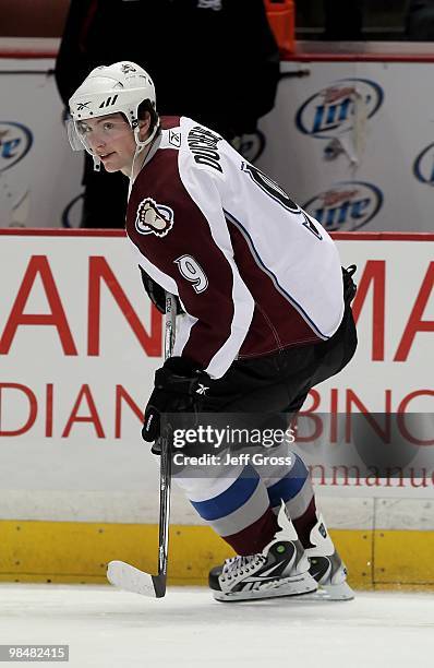 Matt Duchene of the Colorado Avalanche skates prior to the start of the game against the Anaheim Ducks at the Honda Center on March 3, 2010 in...
