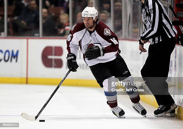 Darcy Tucker of the Colorado Avalanche skates against the Anaheim Ducks at the Honda Center on March 3, 2010 in Anaheim, California.