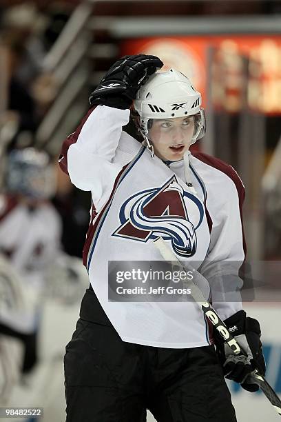 Matt Duchene of the Colorado Avalanche skates prior to the start of the game against the Anaheim Ducks at the Honda Center on March 3, 2010 in...