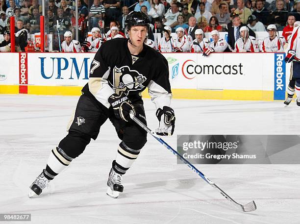 Mark Eaton of the Pittsburgh Penguins skates against the Washington Capitals on April 6, 2010 at the Mellon Arena in Pittsburgh, Pennsylvania.