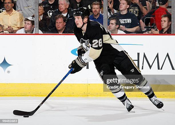 Ruslan Fedotenko of the Pittsburgh Penguins moves the puck up ice against the Washington Capitals on April 6, 2010 at the Mellon Arena in Pittsburgh,...