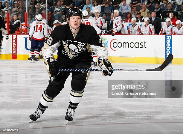 Ruslan Fedotenko of the Pittsburgh Penguins skates up ice against the Washington Capitals on April 6, 2010 at the Mellon Arena in Pittsburgh,...