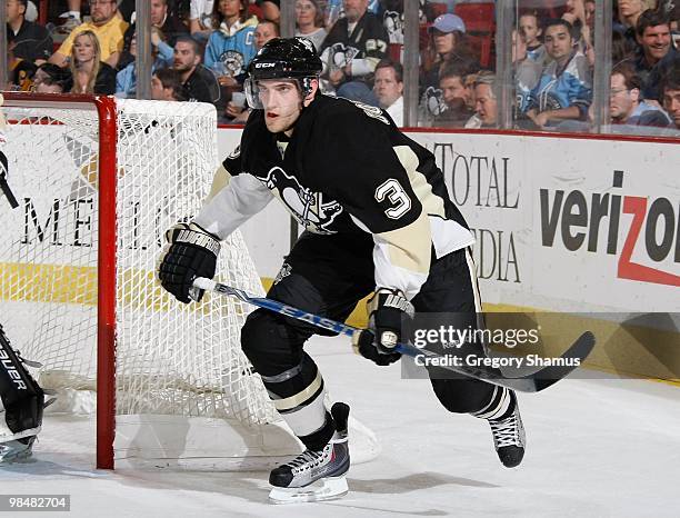 Alex Goligoski of the Pittsburgh Penguins skates against the Washington Capitals on April 6, 2010 at the Mellon Arena in Pittsburgh, Pennsylvania.