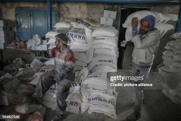 Palestinian man carries sacks of flour provided by the United Nations Relief and Works Agency for Palestine Refugees in the Near East at a...