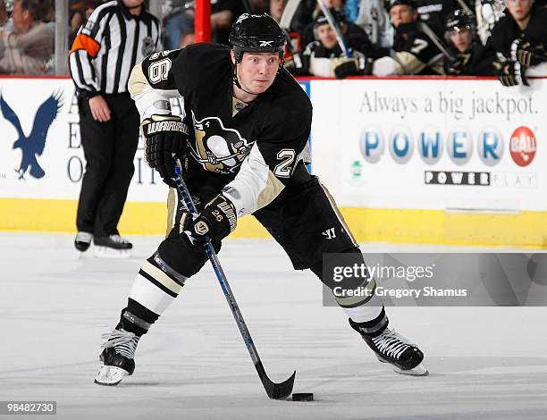 Ruslan Fedotenko of the Pittsburgh Penguins moves the puck up ice against the Washington Capitals on April 6, 2010 at the Mellon Arena in Pittsburgh,...