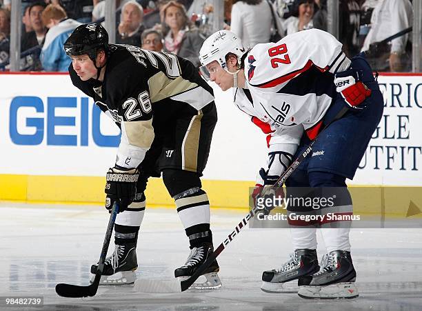 Alexander Semin of the Washington Capitals lines up next to Ruslan Fedotenko of the Pittsburgh Penguins on April 6, 2010 at the Mellon Arena in...