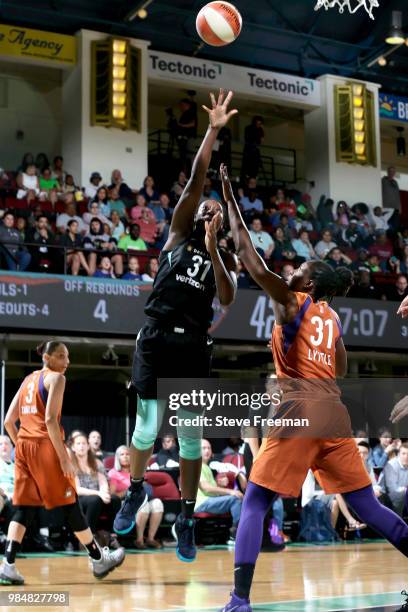 Tina Charles of the New York Liberty shoots the ball against the Phoenix Mercury on June 26, 2018 at Westchester County Center in White Plains, New...