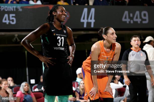 Tina Charles of the New York Liberty and Diana Taurasi of the Phoenix Mercury look on during the game on June 26, 2018 at Westchester County Center...