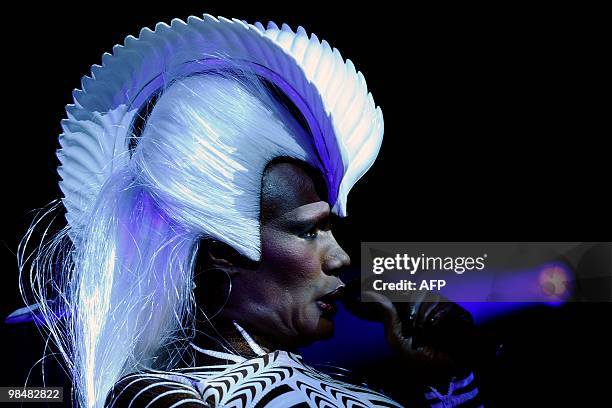 Jamaican-American singer, model and actress Grace Jones performs on stage during a concert at the Lotto Arena in Antwerp, on April 15, 2010. AFP...