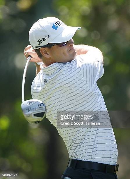 Zach Johnson hits his tee shot on the eighth hole during the first round of the Verizon Heritage at the Harbour Town Golf Links on April 15, 2010 in...
