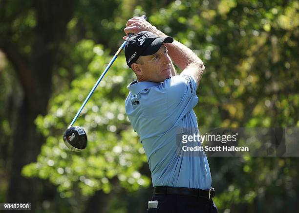 Jim Furyk hits his tee shot on the eighth hole during the first round of the Verizon Heritage at the Harbour Town Golf Links on April 15, 2010 in...