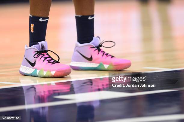 The sneakers worn by Rebekkah Brunson of the Minnesota Lynx are seen during the game against the Seattle Storm on June 26, 2018 at Target Center in...
