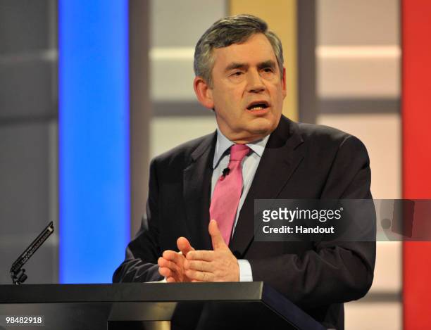 In this handout image provided by ITV1, British Prime Minister Gordon Brown speaks in the first televised general election leader's debate between...