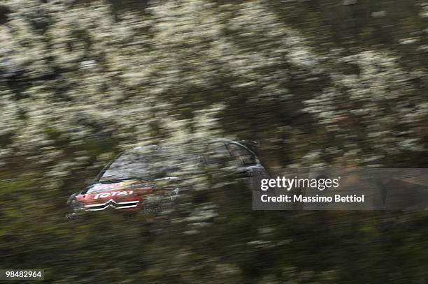 Sebastien Loeb of France and Daniel Elena of Monaco compete in their Citroen C4 Total during the Shakedown of the WRC Rally of Turkey on April 15,...