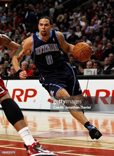 Deron Williams of the Utah Jazz drives to the lane against the Chicago Bulls at the United Center on March 9, 2010 in Chicago, Illinois. The Jazz...