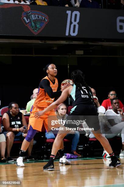 Briann January of the Phoenix Mercury handles the ball against the New York Liberty on June 26, 2018 at Westchester County Center in White Plains,...