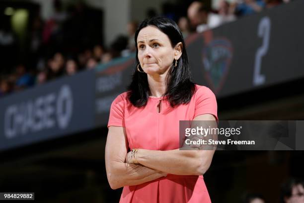 Head Coach Sandy Brondello of the Phoenix Mercury looks on during the game against the New York Liberty on June 26, 2018 at Westchester County Center...