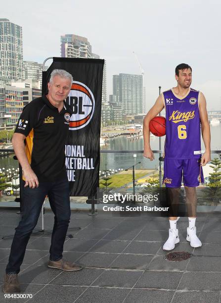 Andrew Gaze, coach of the Sydney Kings and Andrew Bogut of the Sydney Kings look on during a NBL Media Opportunity on June 27, 2018 in Melbourne,...