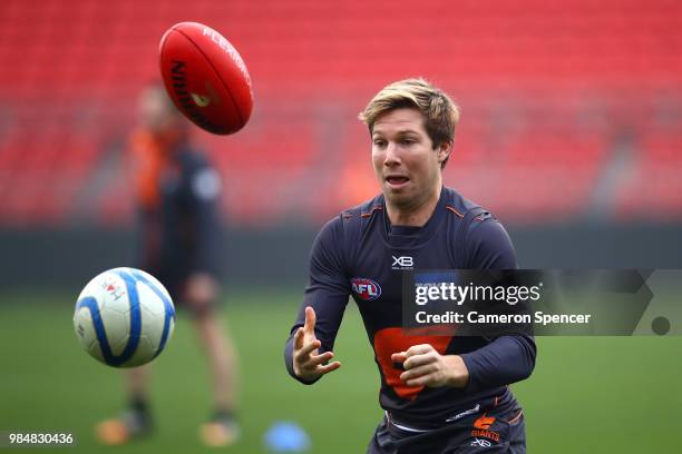 Toby Greene of the Giants participates in a drill during a Greater Western Sydney Giants AFL training session at Spotless Stadium on June 27, 2018 in...