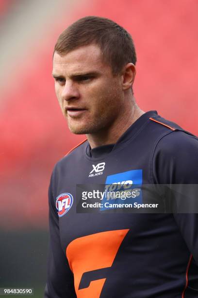 Heath Shaw of the Giants looks on during a Greater Western Sydney Giants AFL training session at Spotless Stadium on June 27, 2018 in Sydney,...