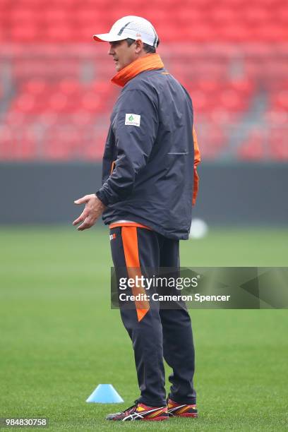 Giants head coach, Leon Cameron looks on during a Greater Western Sydney Giants AFL training session at Spotless Stadium on June 27, 2018 in Sydney,...