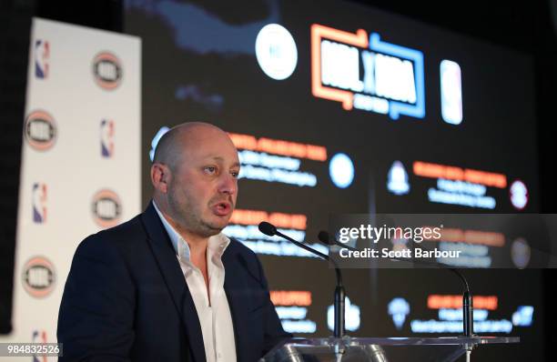 Chief Executive Officer, Larry Kestelman speaks on stage during a NBL Media Opportunity on June 27, 2018 in Melbourne, Australia. The National...