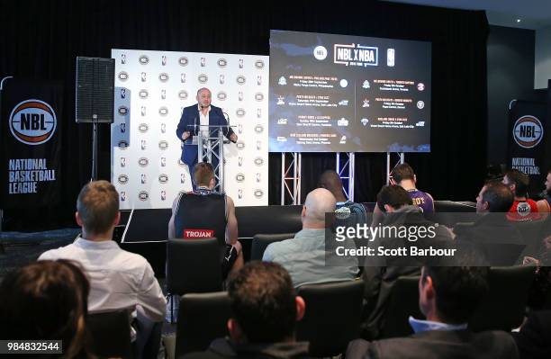 Chief Executive Officer, Larry Kestelman speaks on stage during a NBL Media Opportunity on June 27, 2018 in Melbourne, Australia. The National...