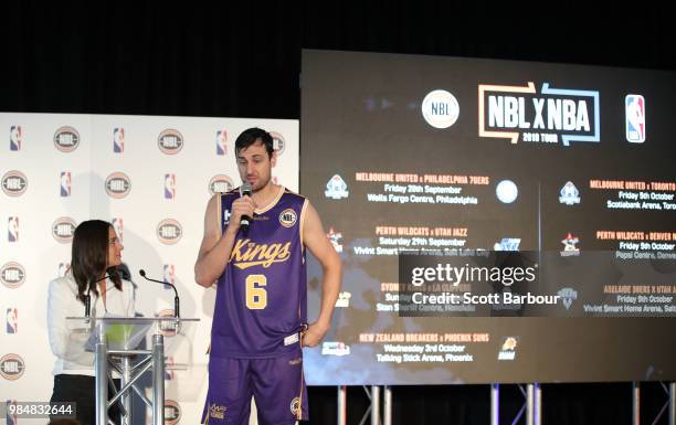 Neroli Meadows speaks with Andrew Bogut of the Sydney Kings on stage during a NBL Media Opportunity on June 27, 2018 in Melbourne, Australia. The...