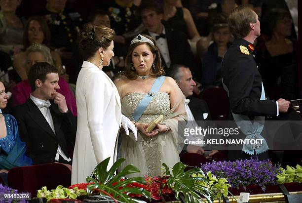 Princess Martha Louise of Norway chats with Princess Alexia of Greece on April 15 at the the Royal Theatre in Copenhagen during a special gala show...