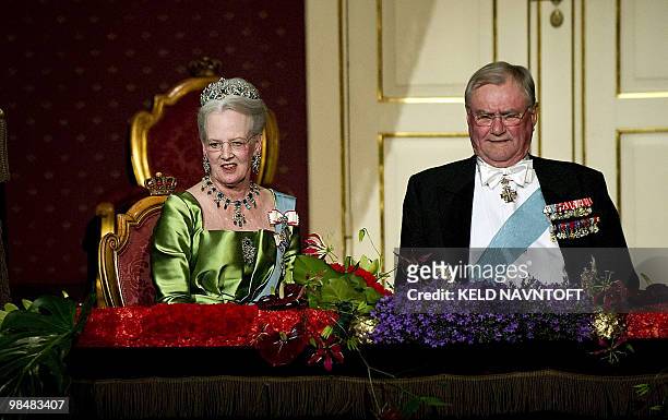 Danish Queen Margrethe and Prince Consort Henrik attend a special gala show on April 15 in the Royal Theatre in Copenhagen on the eve of the 70th...