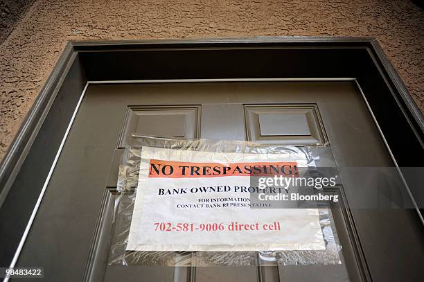 Foreclosure notice is posted on the door of a home in the Mountain's Edge neighborhood of Las Vegas, Nevada, U.S., on Thursday, April 15, 2010....