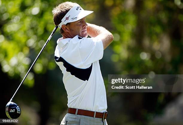 Stuart Appleby of Australia hits a shot during the first round of the Verizon Heritage at the Harbour Town Golf Links on April 15, 2010 in Hilton...