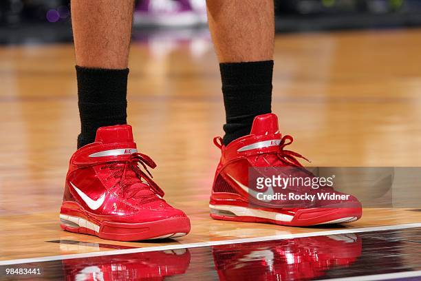 View of the footwear worn by Brandon Roy of the Portland Trail Blazers during the game against the Sacramento Kings at Arco Arena on April 3, 2010 in...