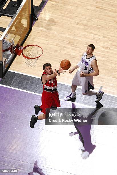 Rudy Fernandez of the Portland Trail Blazers rebounds against Andres Nocioni of the Sacramento Kings during the game at Arco Arena on April 3, 2010...