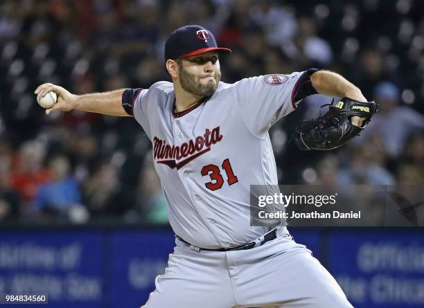 Starting pitcher Lance Lynn of the Minnesota Twins delivers the ball against the Chicago White Sox at Guaranteed Rate Field on June 26, 2018 in...