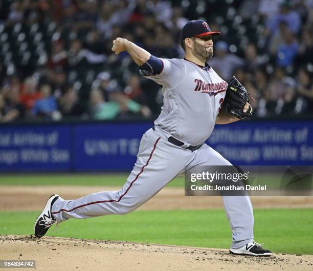 Starting pitcher Lance Lynn of the Minnesota Twins delivers the ball against the Chicago White Sox at Guaranteed Rate Field on June 26, 2018 in...