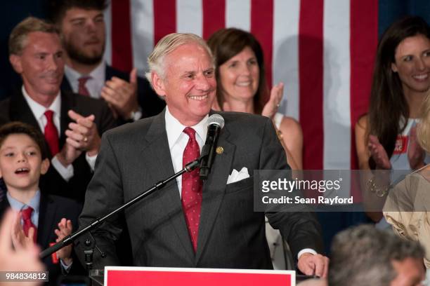 South Carolina Governor Henry McMaster addresses the crowd during a gubernatorial primary runoff election watch party at Spirit Communications Park...