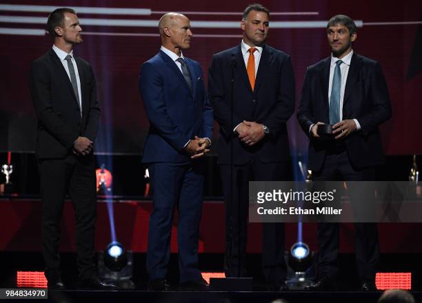 Former Hart Trophy winners Henrik Sedin of the Vancouver Canucks, Hockey Hall of Fame members Mark Messier and Eric Lindros and Alex Ovechkin of the...