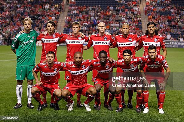 Members of the Chicago Fire pose for a starting 11 team photo before a match against the San Jose Earthquakes on April 10, 2010 at Toyota Park in...