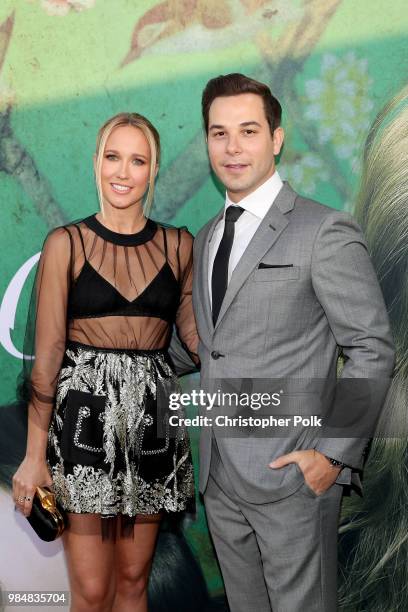 Anna Camp and Skylar Astin attend the premiere of HBO's 'Sharp Objects' at The Cinerama Dome on June 26, 2018 in Los Angeles, California.