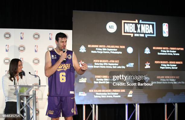 Neroli Meadows speaks with Andrew Bogut of the Sydney Kings on stage during a NBL Media Opportunity on June 27, 2018 in Melbourne, Australia. The...