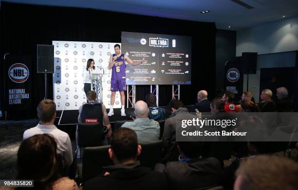 Neroli Meadows speaks with Andrew Bogut of the Sydney Kings on stage during a NBL Media Opportunity on June 27, 2018 in Melbourne, Australia. The...