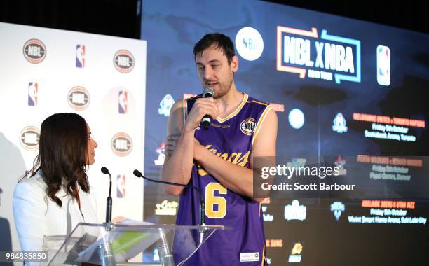 Neroli Meadows speaks with Andrew Bogut of the Sydney Kings on stage during a NBL Media Opportunity on June 27, 2018 in Melbourne, Australia. The...